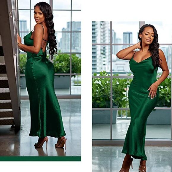 Satin Spaghetti Strap Cowl Neck Backless Tie Rope Mermaid Green Black Dress XXL - Picture 7 of 8